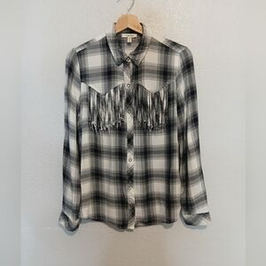 Como Blu Black & White Plaid Fringe Snap Button-Up Shirt Size Small